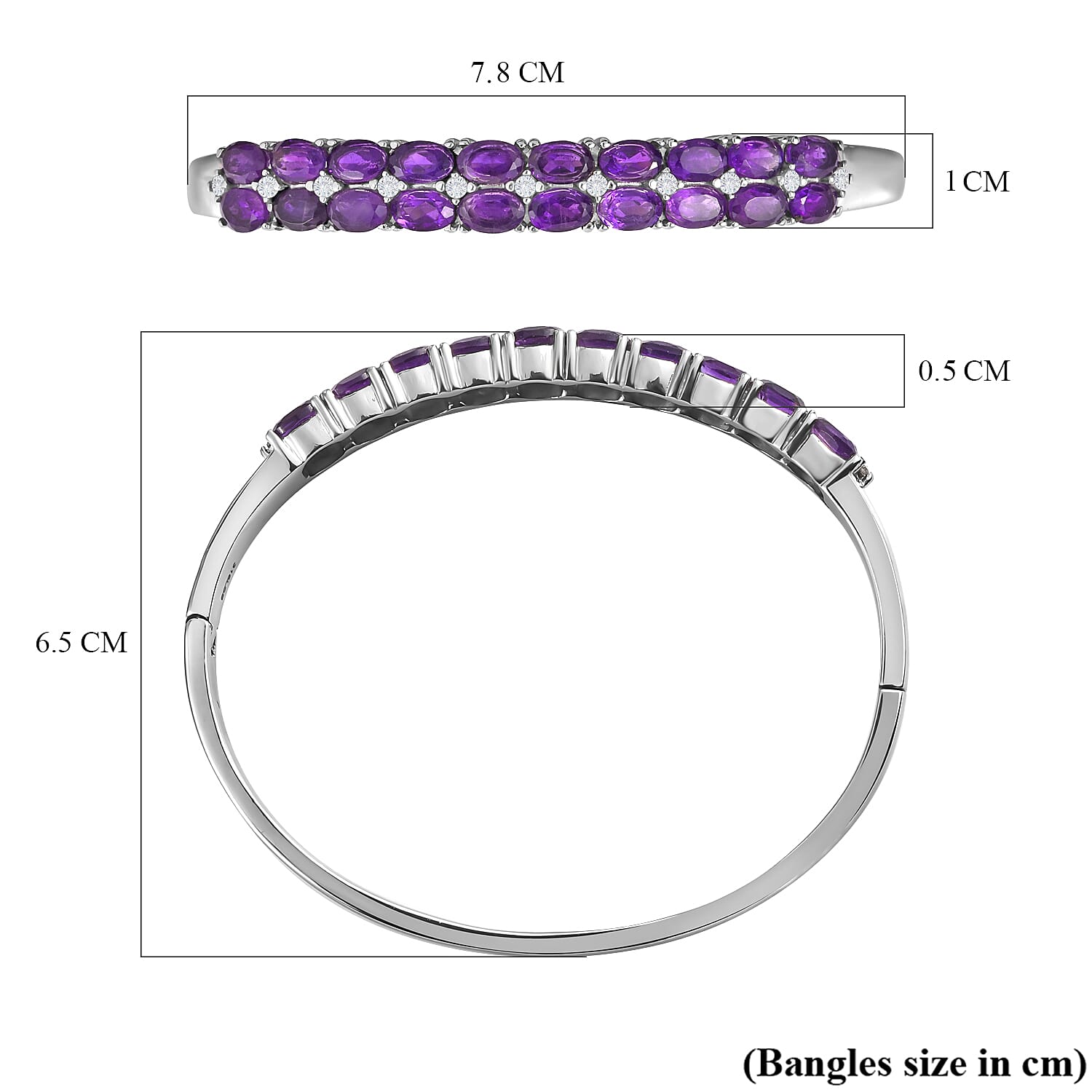 African Amethyst and White Zircon 9.65 ctw Bangle Bracelet in Stainless Steel (7.50 In)
