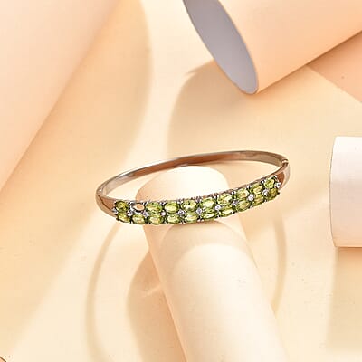 Hebei Peridot and White Zircon 10.80 ctw Bangle Bracelet in Stainless Steel (7.50 In)