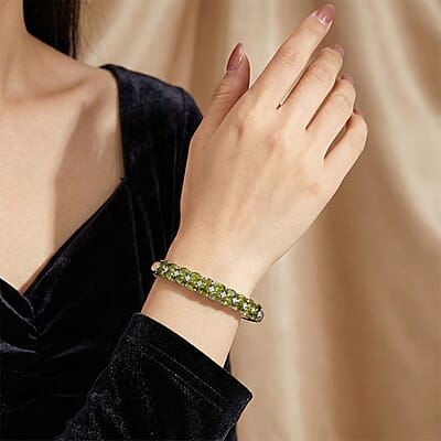 Hebei Peridot and White Zircon 10.80 ctw Bangle Bracelet in Stainless Steel (7.50 In)