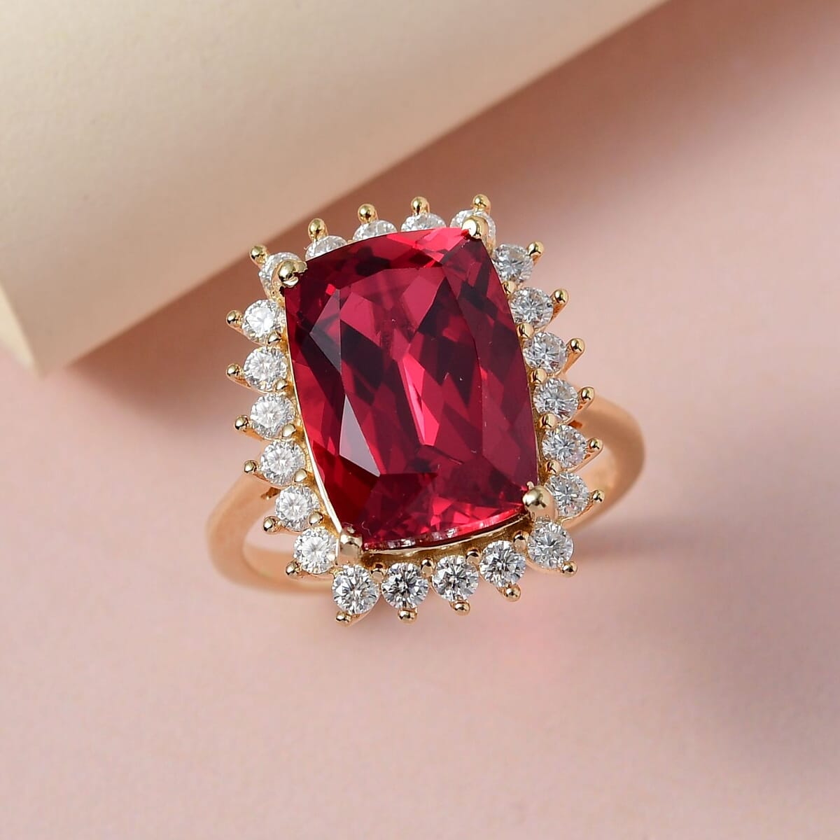 Lab Created Padparadscha Sapphire and Moissanite Sunburst Ring in Vermeil Yellow Gold Over Sterling Silver 11.60 ctw image number 1