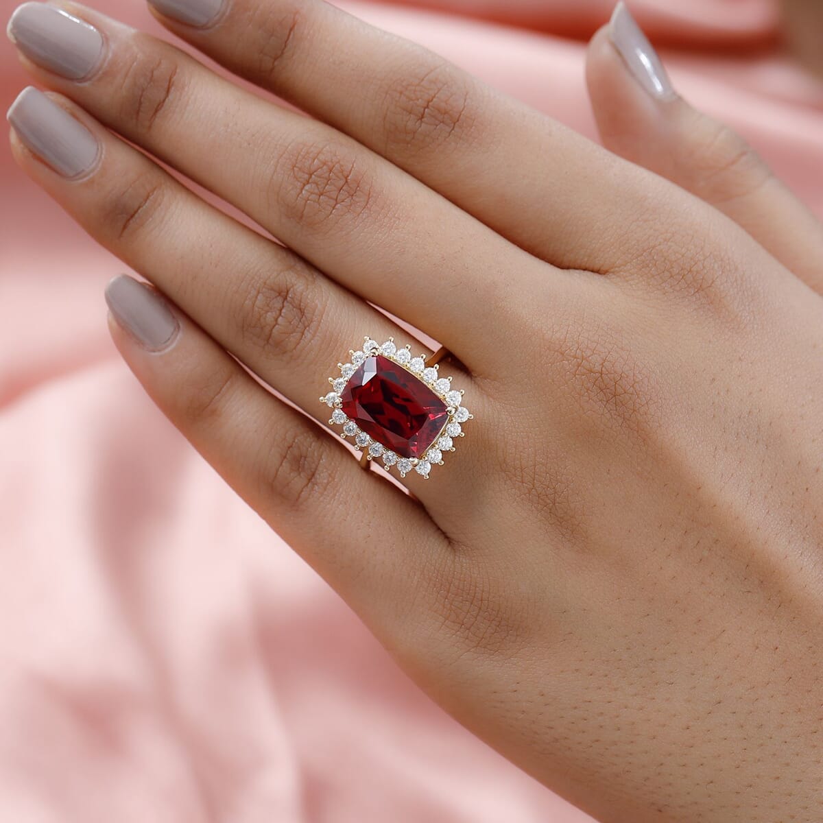 Lab Created Padparadscha Sapphire and Moissanite Sunburst Ring in Vermeil Yellow Gold Over Sterling Silver 11.60 ctw image number 2