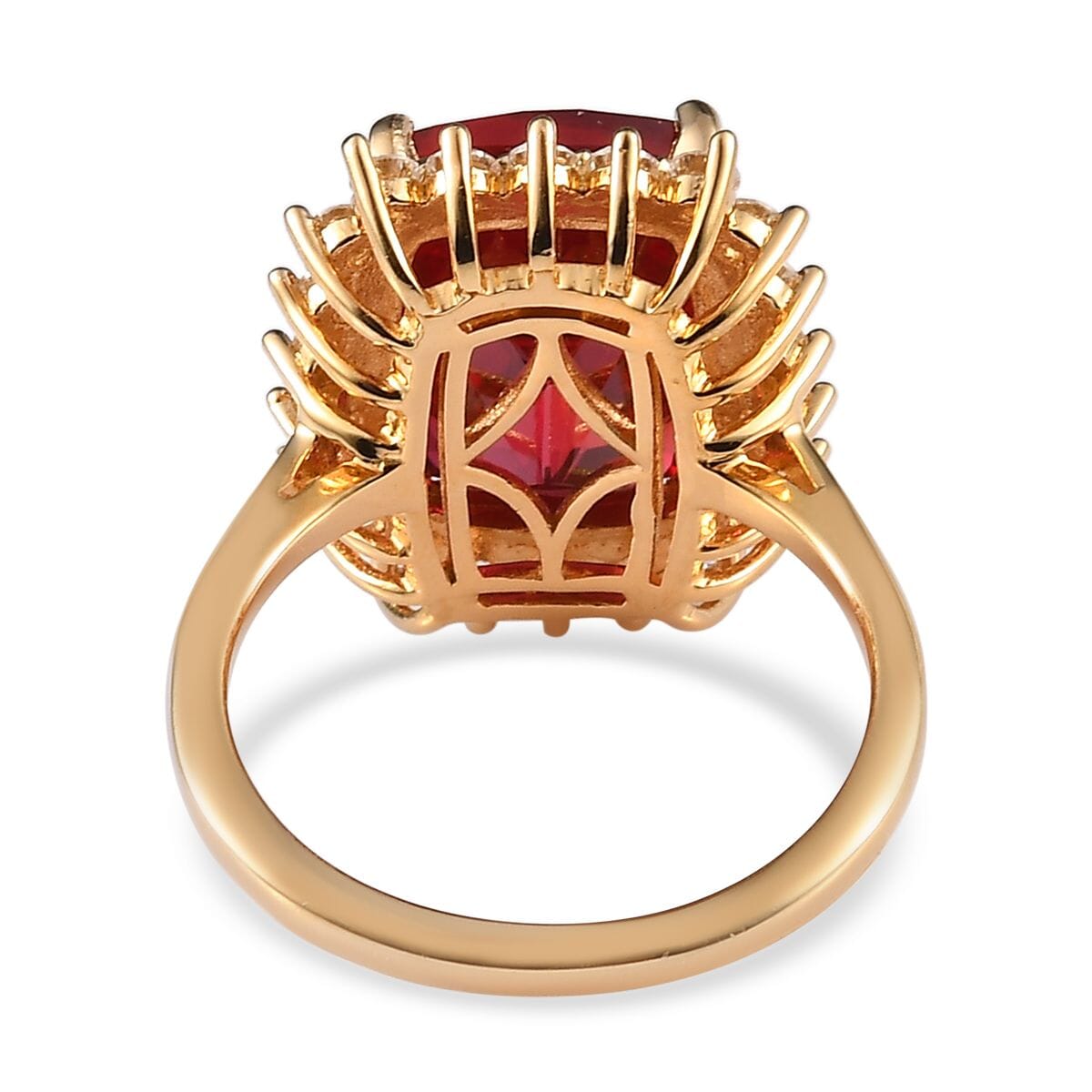 Lab Created Padparadscha Sapphire and Moissanite Sunburst Ring in Vermeil Yellow Gold Over Sterling Silver 11.60 ctw image number 4
