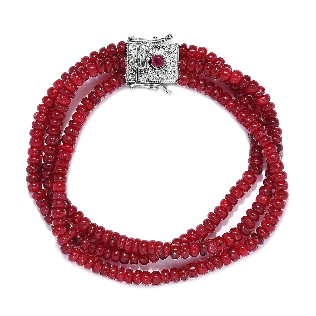 Doorbuster Niassa Ruby Three Layer Beaded Bracelet in Platinum Over Sterling Silver (7.25 In) 117.40 ctw image number 0