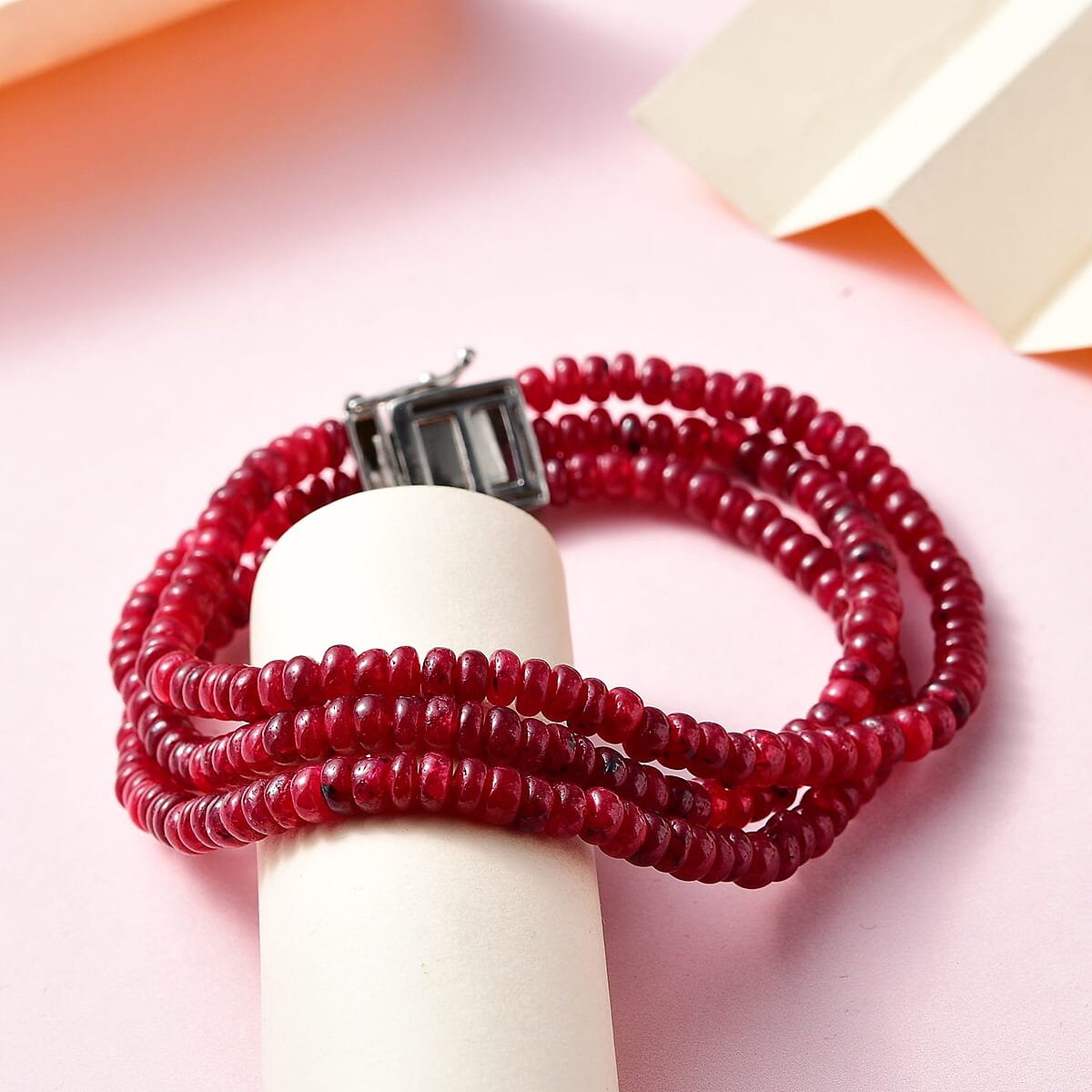 Doorbuster Niassa Ruby Three Layer Beaded Bracelet in Platinum Over Sterling Silver (7.25 In) 117.40 ctw image number 1