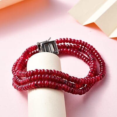 Niassa Ruby (FF) Three Layer Beaded Bracelet in Platinum Over Sterling Silver (7.25 In) 117.40 ctw
