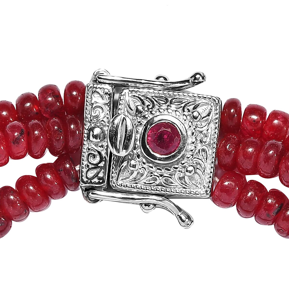 Doorbuster Niassa Ruby Three Layer Beaded Bracelet in Platinum Over Sterling Silver (7.25 In) 117.40 ctw image number 3