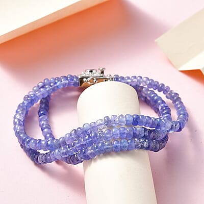 Tanzanite Three Layer Beaded Bracelet in Platinum Over Sterling Silver (7.25 In) 101.60 ctw