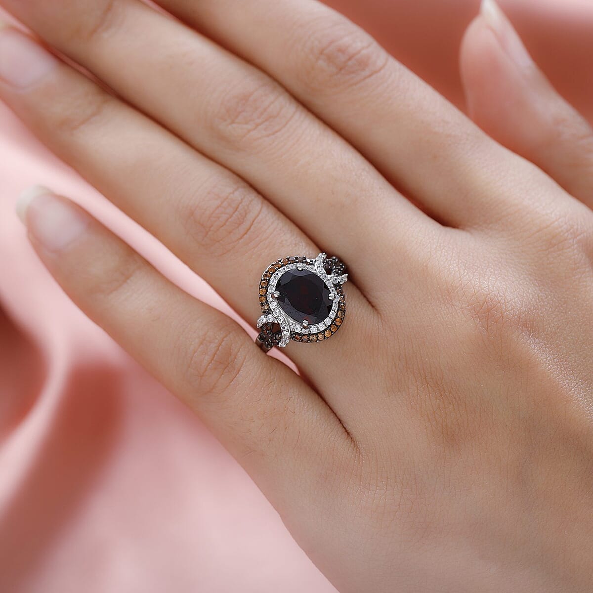 Orissa Rhodolite Garnet, Natural White and Brown Zircon Ring in Rhodium & Platinum Over Sterling Silver 3.85 ctw image number 2