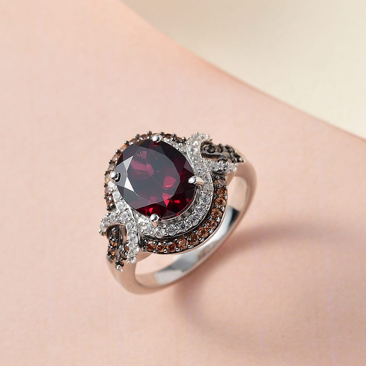 Orissa Rhodolite Garnet, Natural White and Brown Zircon Ring in Rhodium & Platinum Over Sterling Silver (Size 7.0) 3.85 ctw image number 1