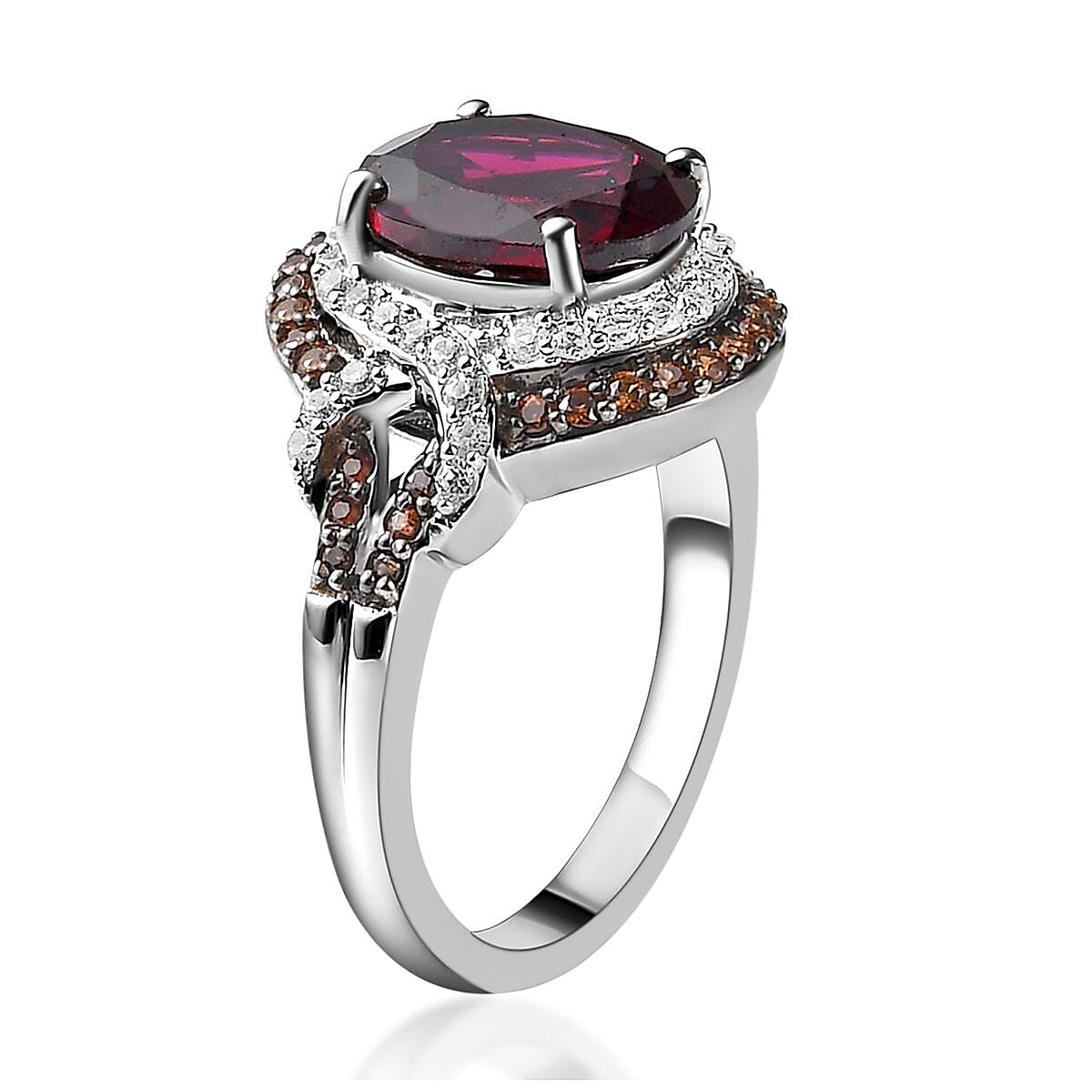 Orissa Rhodolite Garnet, Natural White and Brown Zircon Ring in Rhodium & Platinum Over Sterling Silver (Size 7.0) 3.85 ctw image number 3