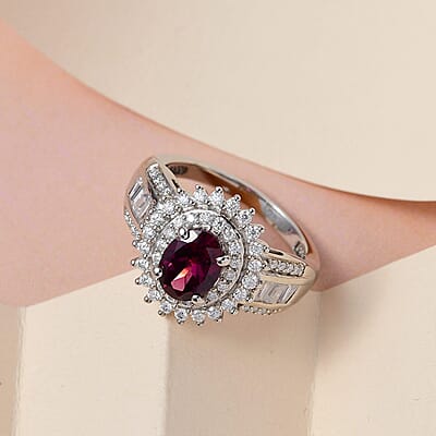 Orissa Rhodolite Garnet and Moissanite Double Halo Ring in Platinum Over Sterling Silver (Size 10.0) 2.50 ctw