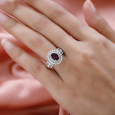 Orissa Rhodolite Garnet and Moissanite Double Halo Ring in Platinum Over Sterling Silver (Size 10.0) 2.50 ctw
