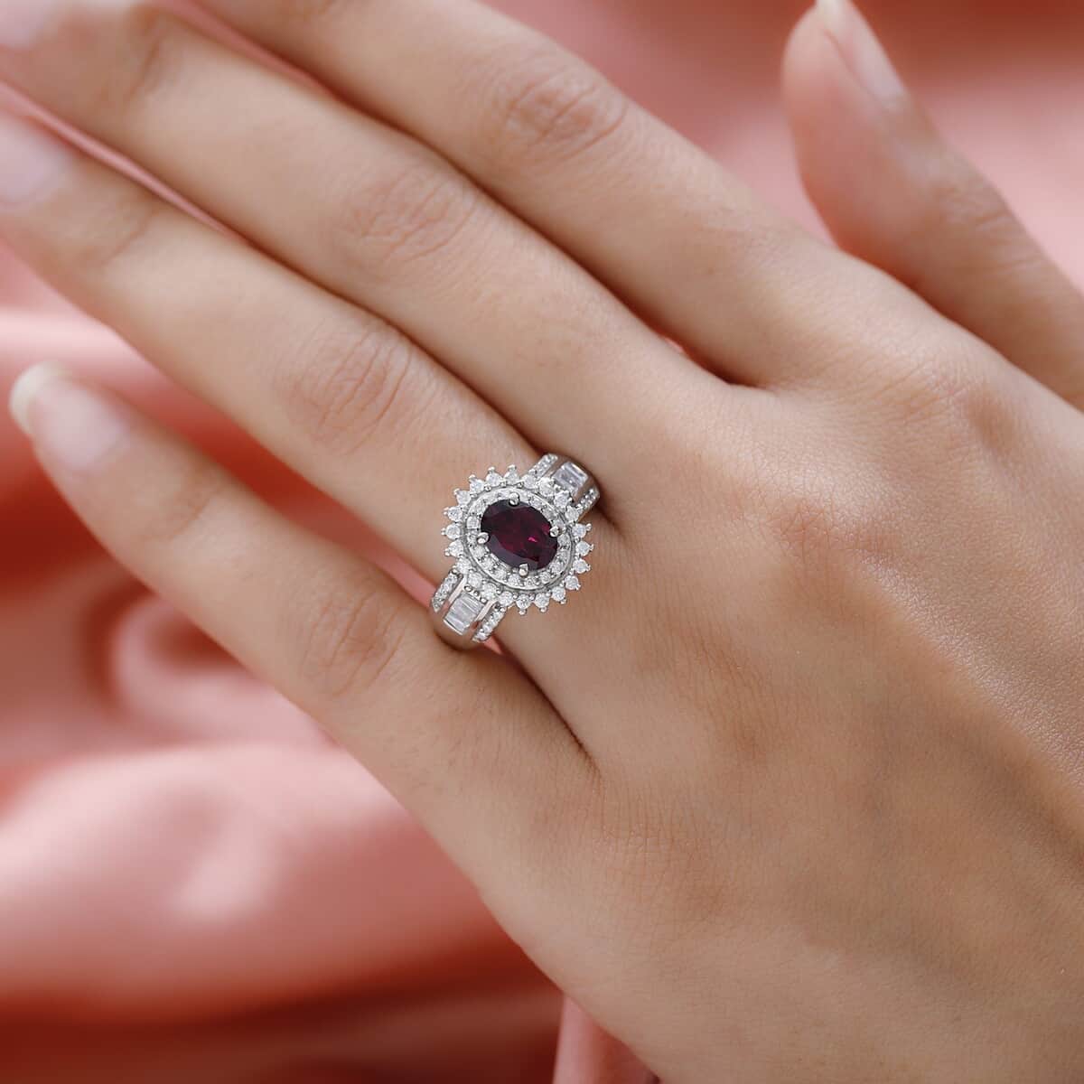 Orissa Rhodolite Garnet and Moissanite Double Halo Ring in Platinum Over Sterling Silver (Size 10.0) 2.50 ctw image number 2