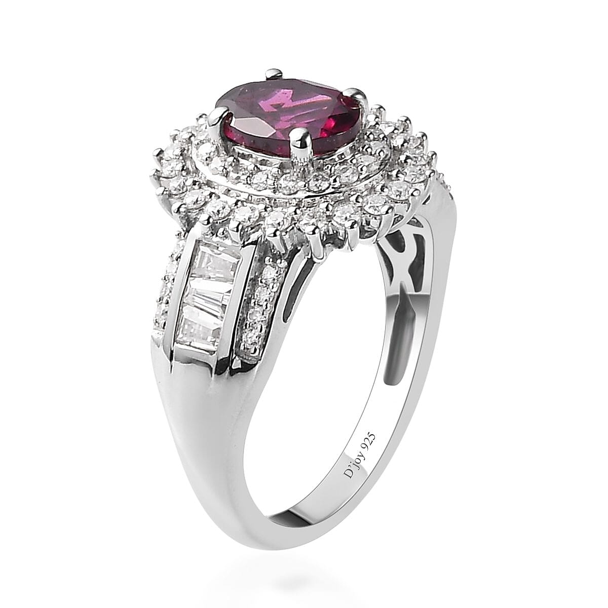 Orissa Rhodolite Garnet and Moissanite Double Halo Ring in Platinum Over Sterling Silver (Size 10.0) 2.50 ctw
