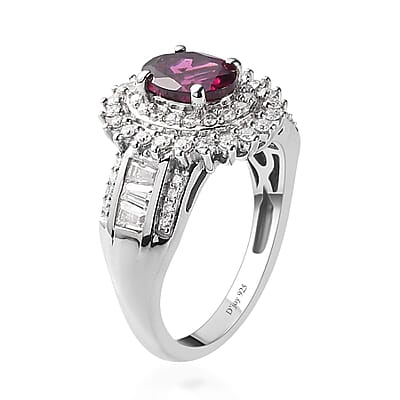 Orissa Rhodolite Garnet and Moissanite Double Halo Ring in Platinum Over Sterling Silver (Size 10.0) 2.50 ctw