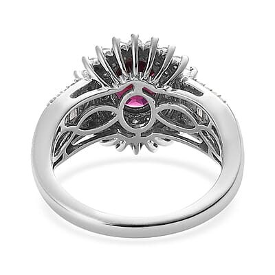 Orissa Rhodolite Garnet and Moissanite Double Halo Ring in Platinum Over Sterling Silver (Size 10.0) 2.50 ctw