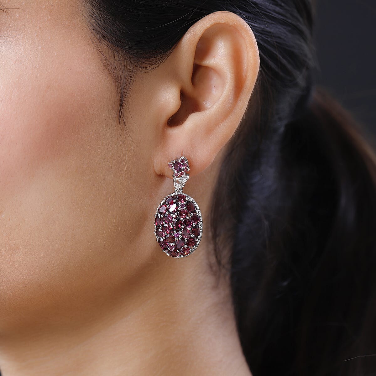 Orissa Rhodolite Garnet Oval Shape Cluster Earrings in Platinum Over Sterling Silver 11.35 ctw image number 2