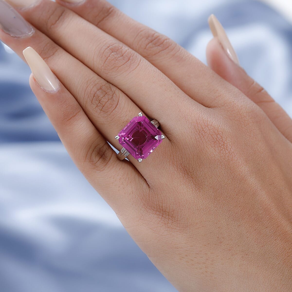 Radiant Orchid Quartz (Triplet) and White Zircon Ring in Platinum Over Sterling Silver (Size 8.0) 11.65 ctw image number 2