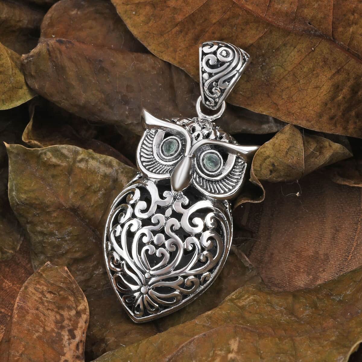 Bali Legacy Kagem Zambian Emerald Owl Pendant in Sterling Silver 0.10 ctw image number 1