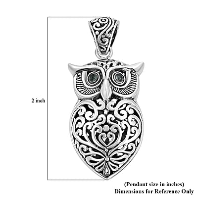 Bali Legacy Kagem Zambian Emerald Owl Pendant in Sterling Silver 0.10 ctw