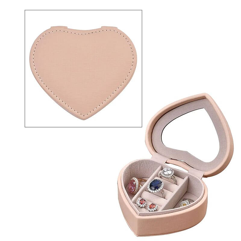 Pink Faux Leather Heart Shape Jewelry Box with Mirror (5 Ring Row, 2 Section)