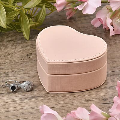 Pink Faux Leather Heart Shape Jewelry Box with Mirror (5 Ring Row, 2 Section)