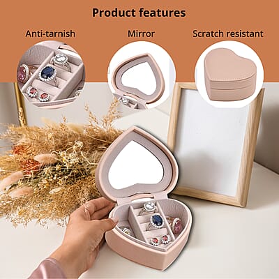 Pink Faux Leather Heart Shape Jewelry Box with Mirror (5 Ring Row, 2 Section)