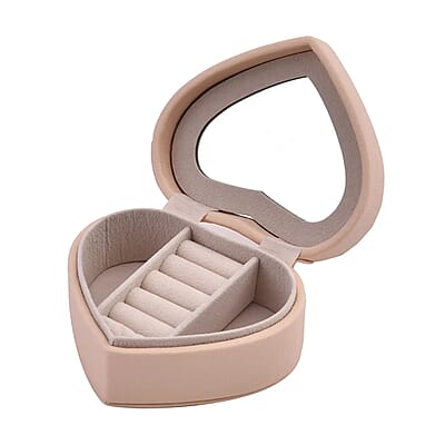 Pink Faux Leather Heart Shape Jewelry Box with Mirror (5 Ring Row, 2 Section)