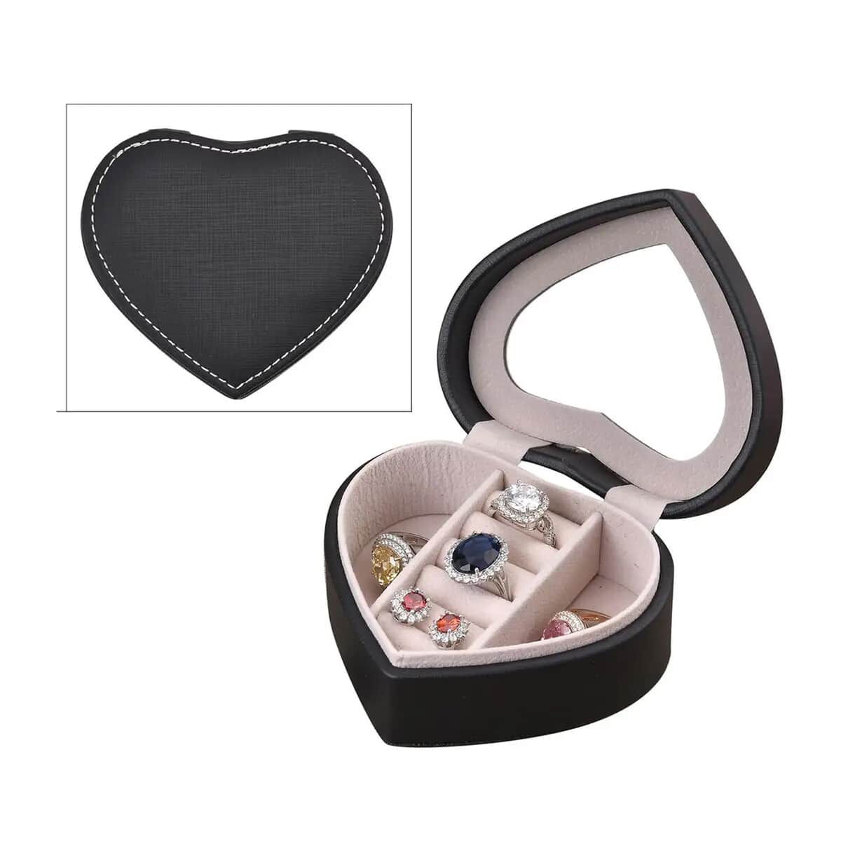 Black Faux Leather Heart Shape Jewelry Box with Mirror (5 Ring Row, 2 Section) image number 0