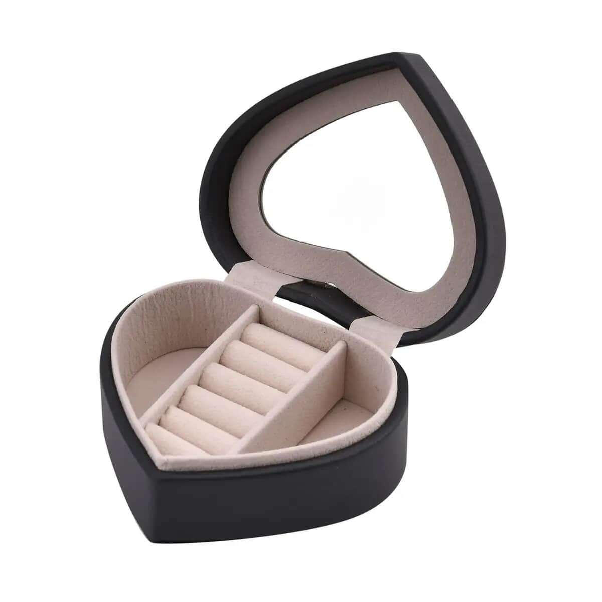 Black Faux Leather Heart Shape Jewelry Box with Mirror (5 Ring Row, 2 Section) image number 6
