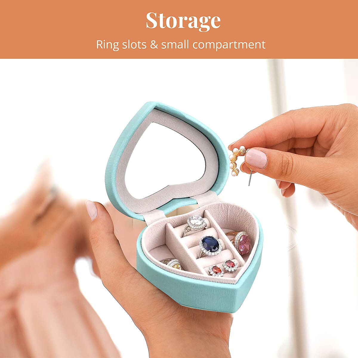 Turquoise Blue Faux Leather Heart Shape Jewelry Box with Mirror (5 Ring Row, 2 Section) image number 3