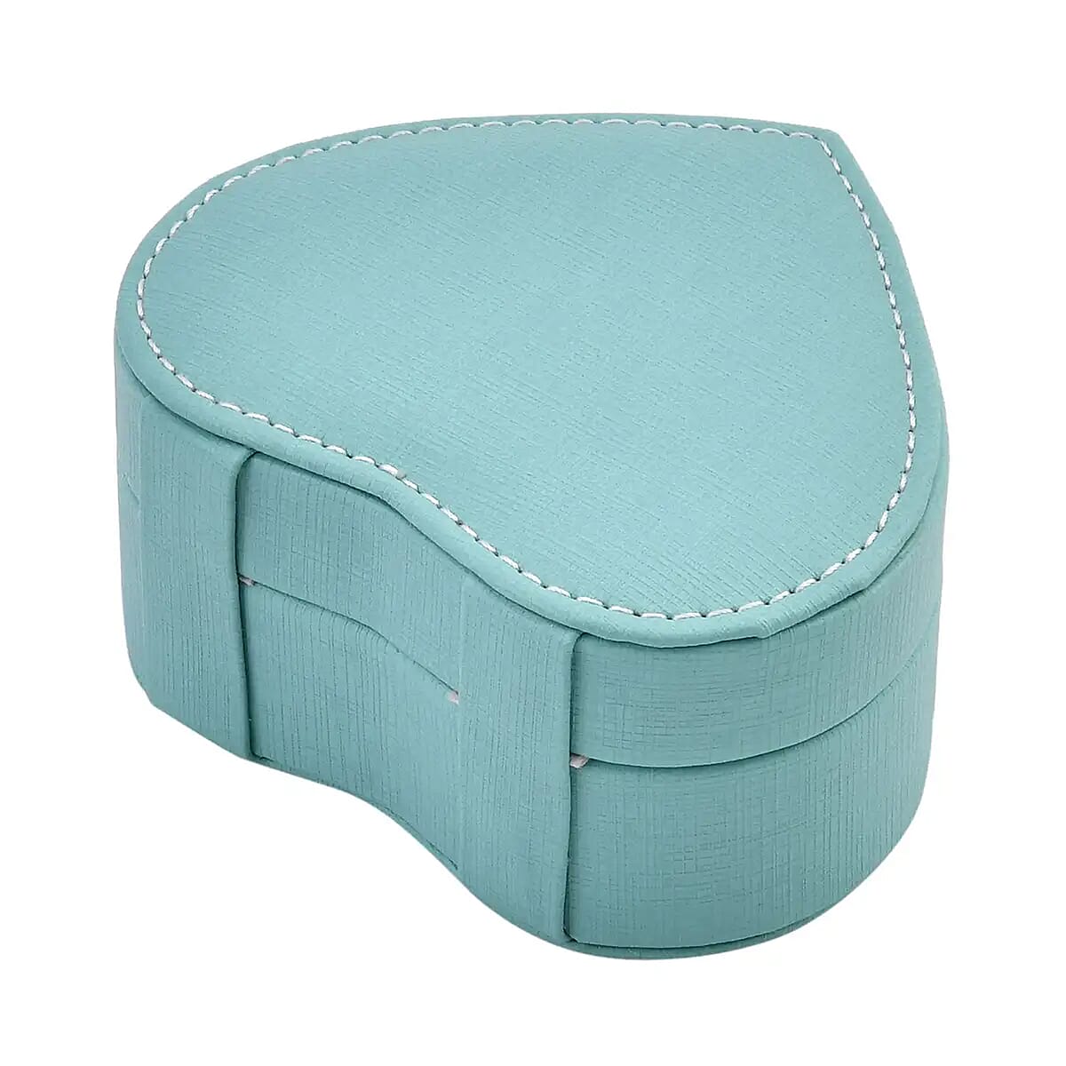 Turquoise Blue Faux Leather Heart Shape Jewelry Box with Mirror (5 Ring Row, 2 Section) image number 5