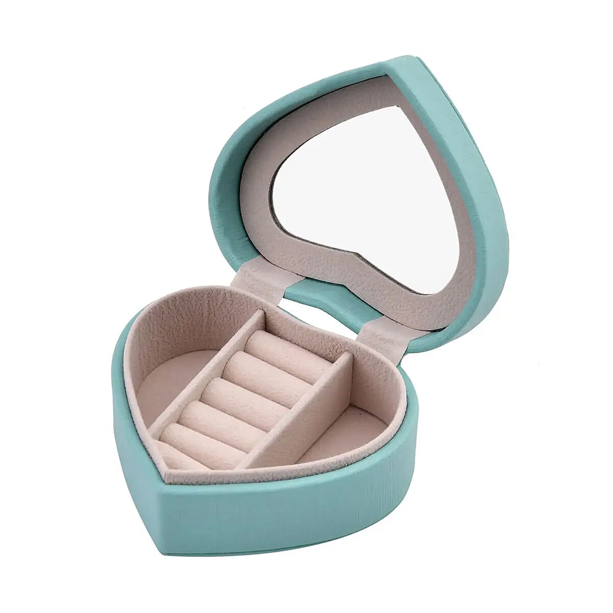 Turquoise Blue Faux Leather Heart Shape Jewelry Box with Mirror (5 Ring Row, 2 Section) image number 6