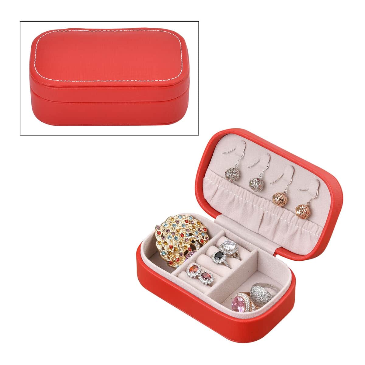 Pink Faux Leather Oval Shape Jewelry Box (4 Necklace Hooks, Pouch Pocket, 4 Ring Slot) (4.72"x3"x1.7") image number 0