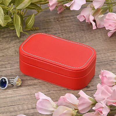 Red Faux Leather Oval Shape Jewelry Box (4 Necklace Hooks, Pouch Pocket, 4 Ring Slot)
