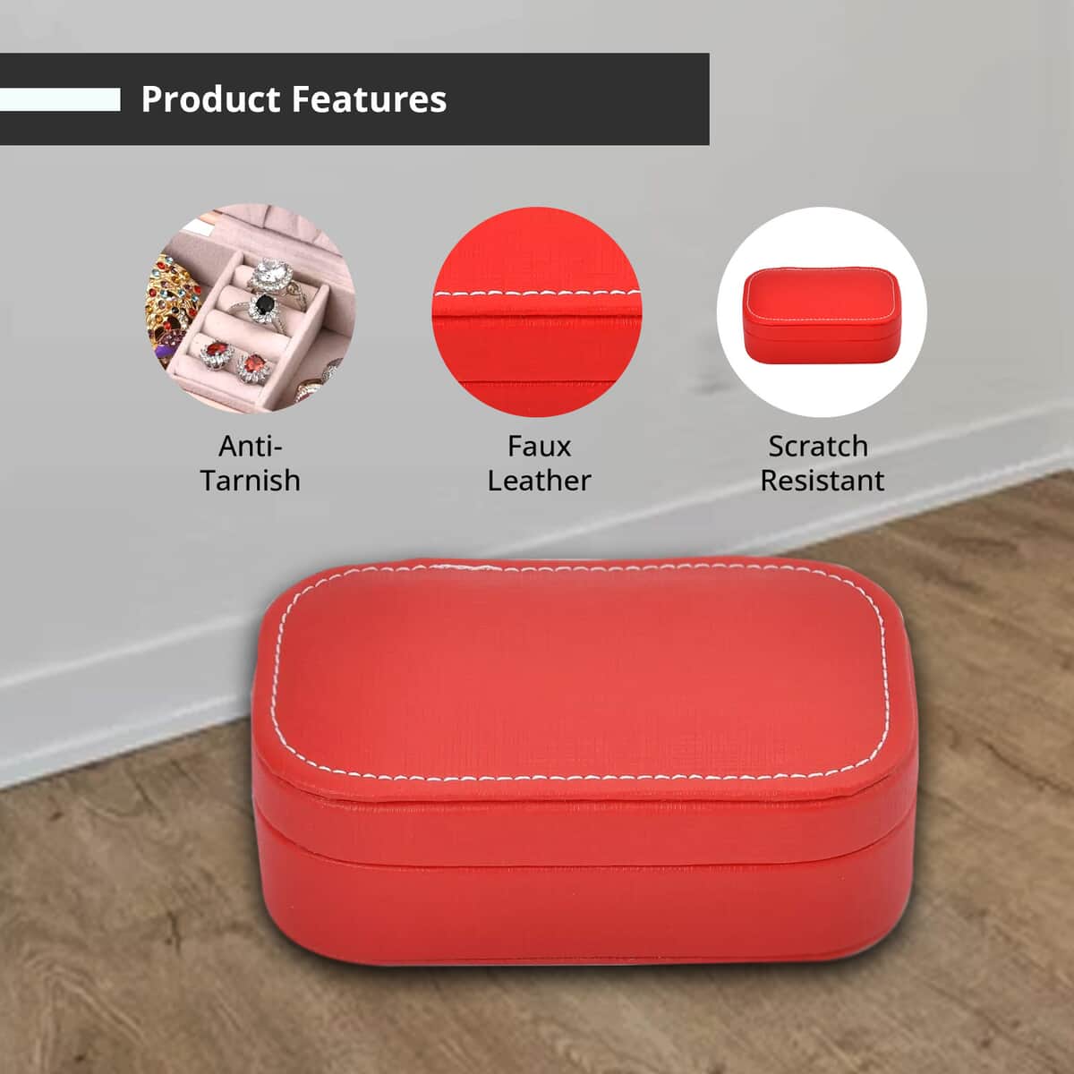 Red Faux Leather Oval Shape Jewelry Box (4 Necklace Hooks, Pouch Pocket, 4 Ring Slot) image number 2