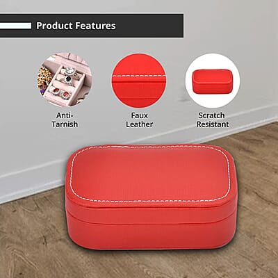 Red Faux Leather Oval Shape Jewelry Box (4 Necklace Hooks, Pouch Pocket, 4 Ring Slot)