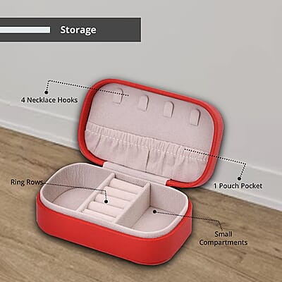 Red Faux Leather Oval Shape Jewelry Box (4 Necklace Hooks, Pouch Pocket, 4 Ring Slot)