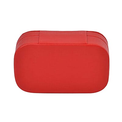 Red Faux Leather Oval Shape Jewelry Box (4 Necklace Hooks, Pouch Pocket, 4 Ring Slot)