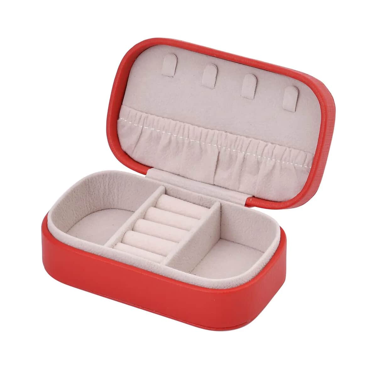 Red Faux Leather Oval Shape Jewelry Box (4 Necklace Hooks, Pouch Pocket, 4 Ring Slot) image number 6