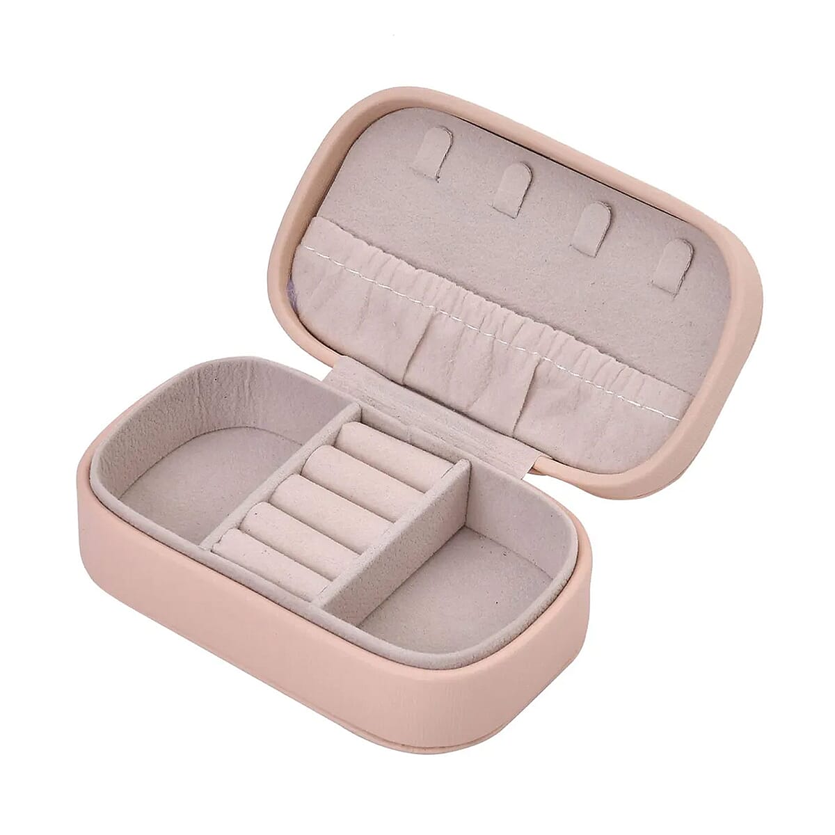 Pink Faux Leather Oval Shape Jewelry Box (4 Necklace Hooks, Pouch Pocket, 4 Ring Slot) image number 6