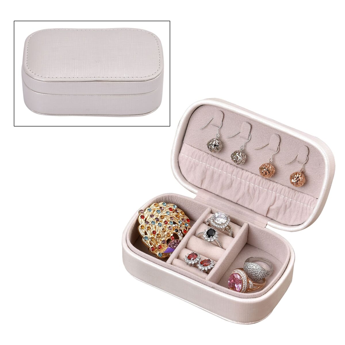 Cream Faux Leather Oval Shape Jewelry Box (4 Necklace Hooks, Pouch Pocket, 4 Ring Slot) image number 0