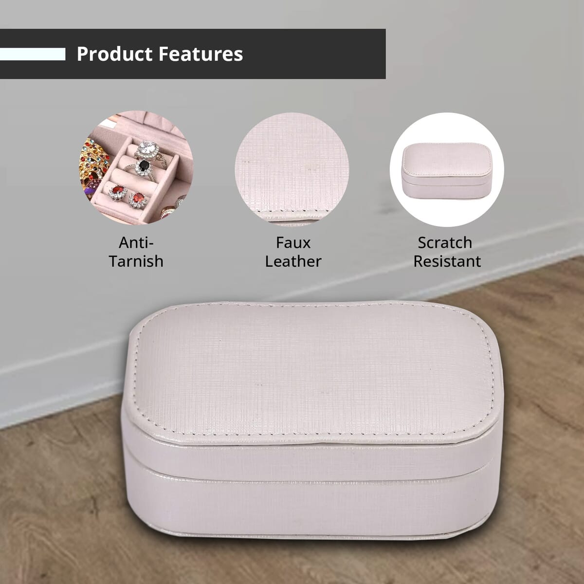 Cream Faux Leather Oval Shape Jewelry Box (4 Necklace Hooks, Pouch Pocket, 4 Ring Slot) image number 2