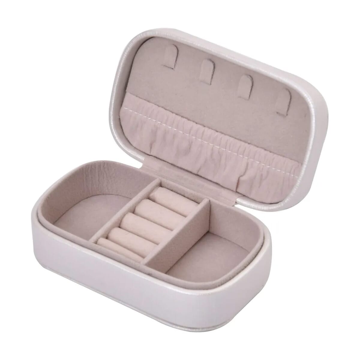 Cream Faux Leather Oval Shape Jewelry Box (4 Necklace Hooks, Pouch Pocket, 4 Ring Slot) image number 6