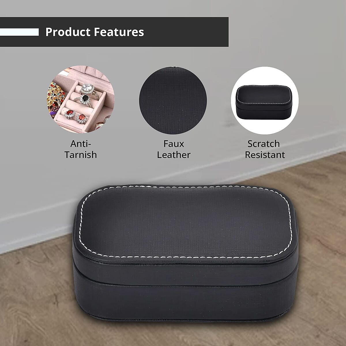 Black Faux Leather Oval Shape Jewelry Box (4 Necklace Hooks, Pouch Pocket, 4 Ring Slot) image number 2