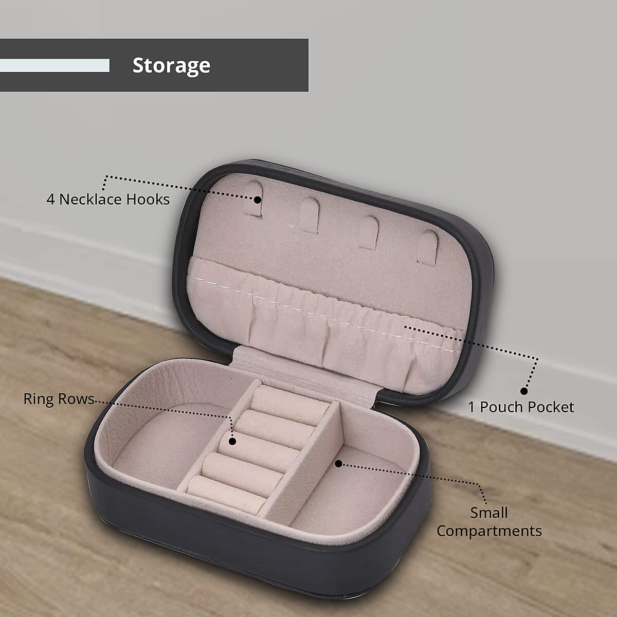 Black Faux Leather Oval Shape Jewelry Box (4 Necklace Hooks, Pouch Pocket, 4 Ring Slot) image number 3