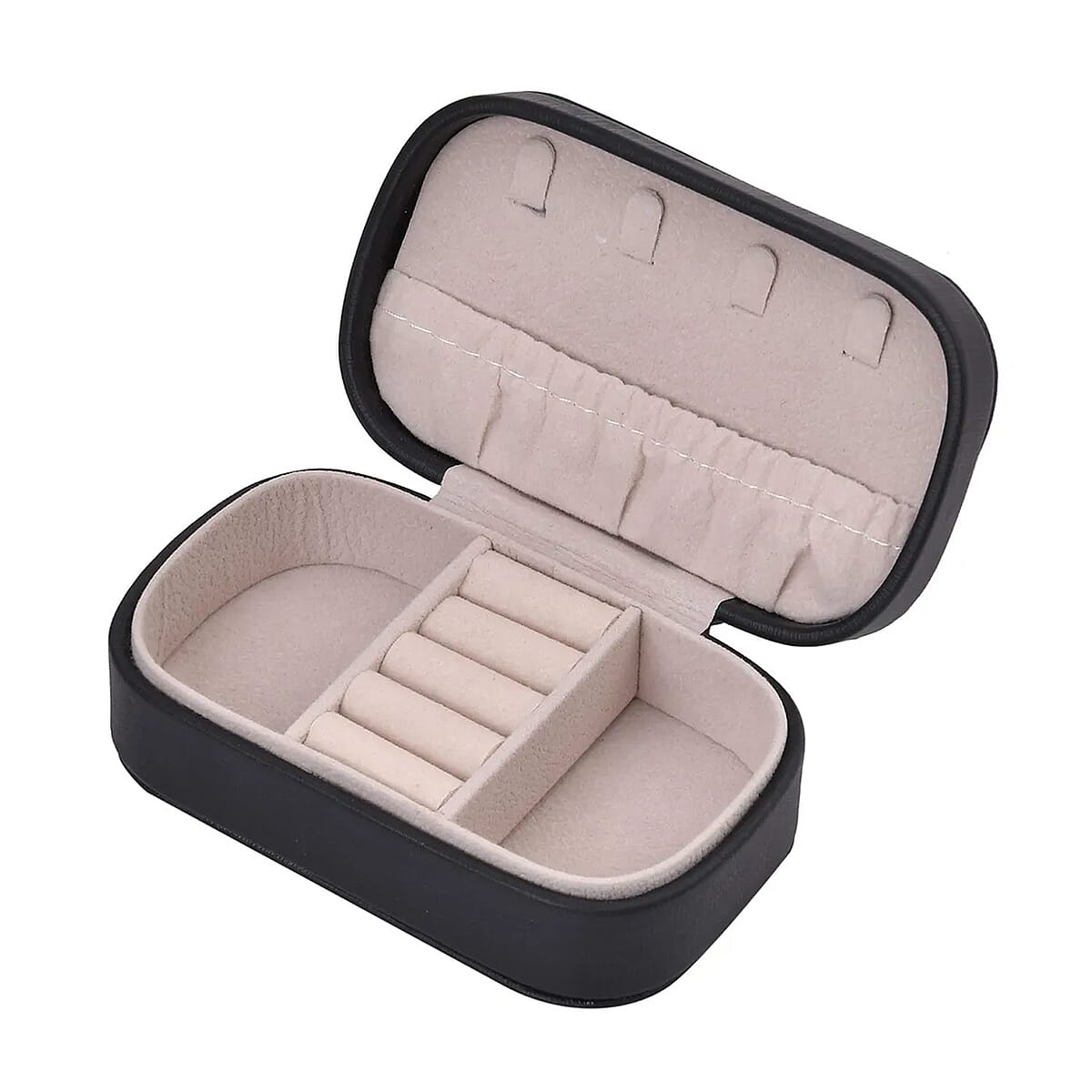 Black Faux Leather Oval Shape Jewelry Box (4 Necklace Hooks, Pouch Pocket, 4 Ring Slot) image number 6