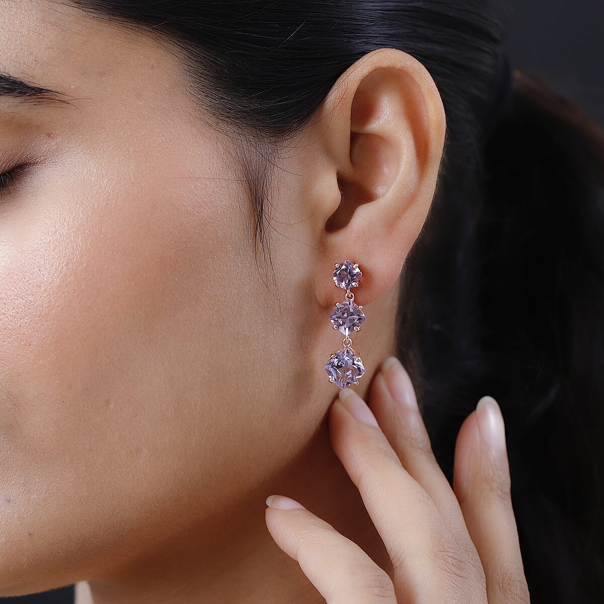 Rose De France Amethyst Dangling Earrings Vermeil Rose Gold Over Sterling Silver 9.50 ctw image number 2