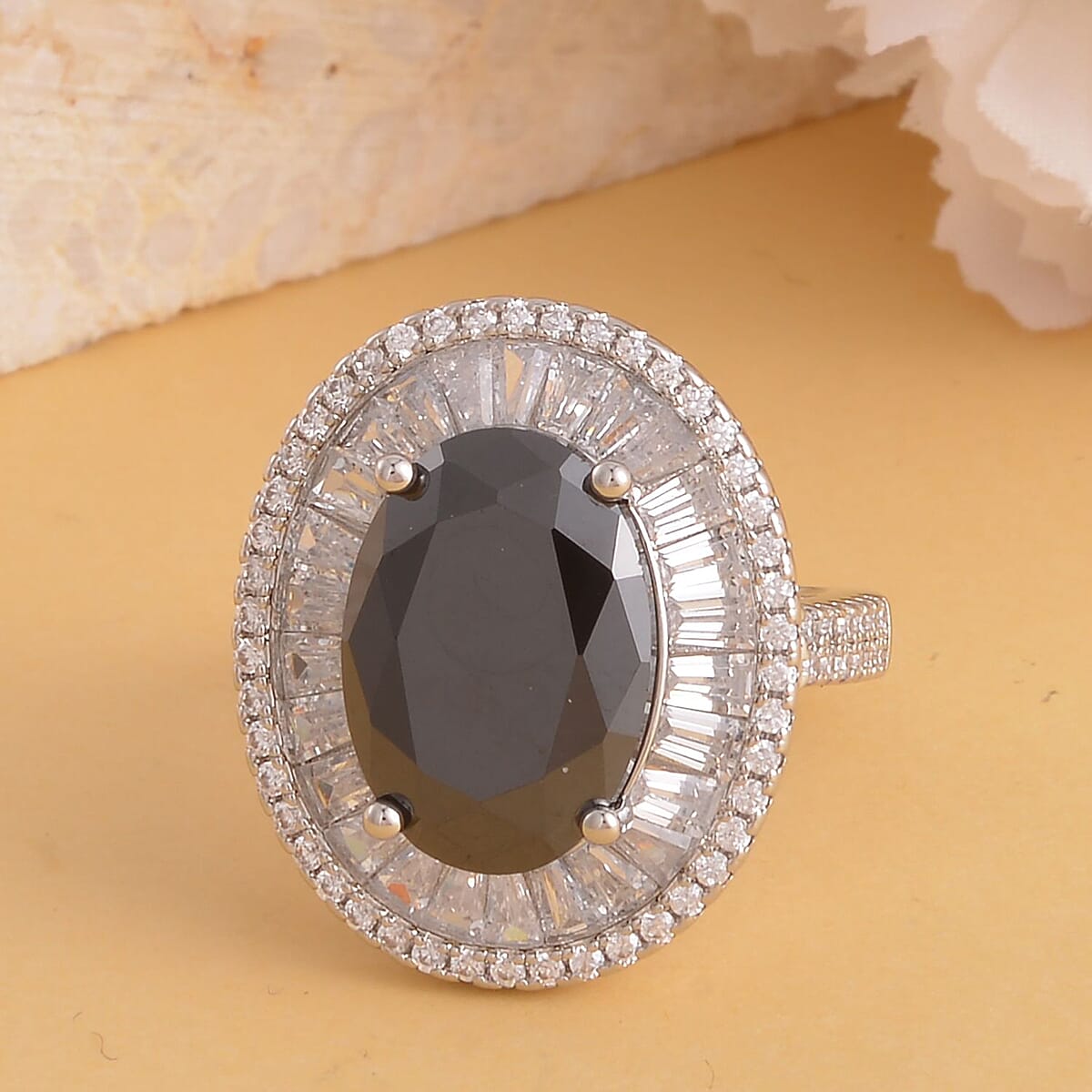 Black and White Simulated Diamond Halo Ring in Silvertone image number 1