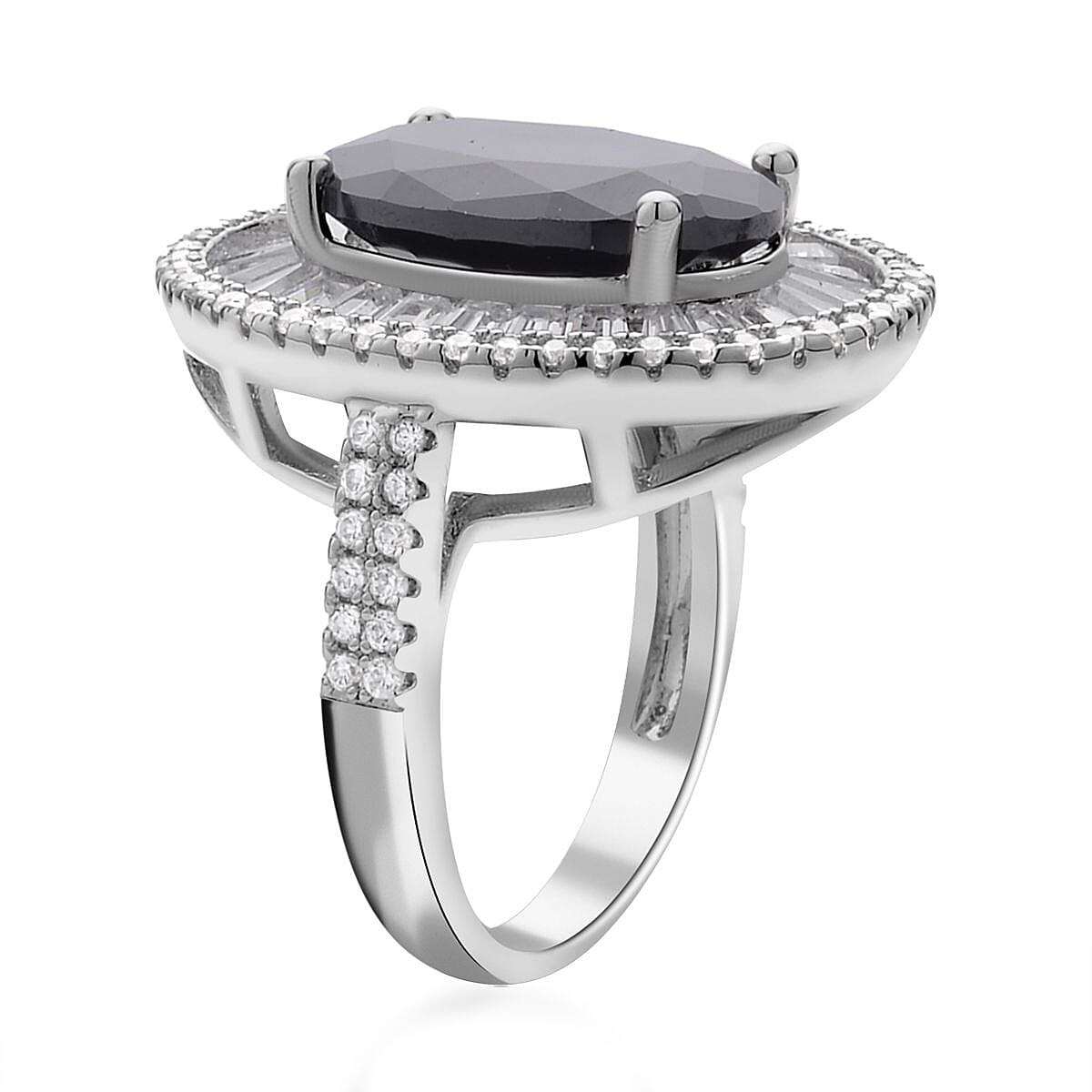 Black and White Simulated Diamond Halo Ring in Silvertone image number 3